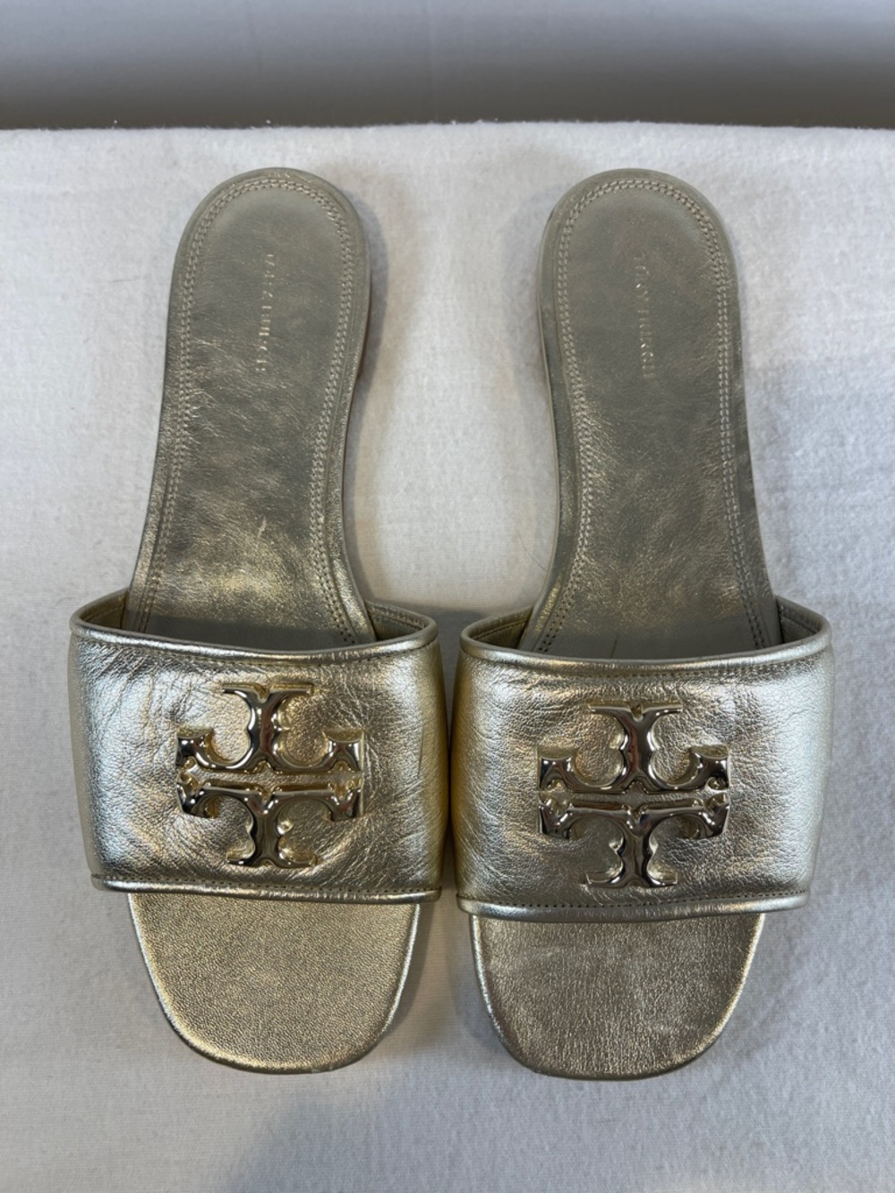 Tory Burch Metallic Gold Logo Slide Sandals